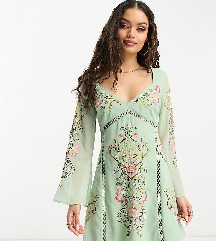 ASOS DESIGN Petite embroidered long sleeve mini tea dress with ladder trim detail in sage green