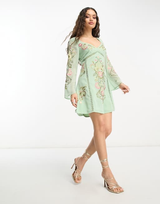 ASOS DESIGN Petite embroidered long sleeve mini tea dress with ladder trim  detail in sage green