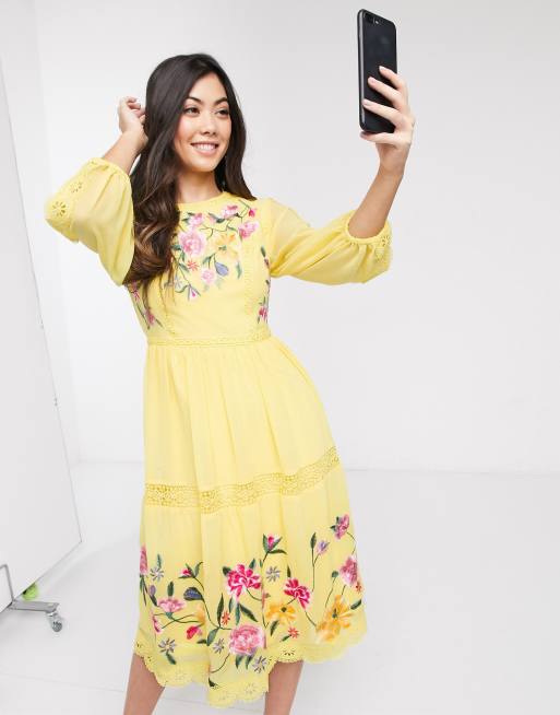 Asos yellow cheap embroidered dress