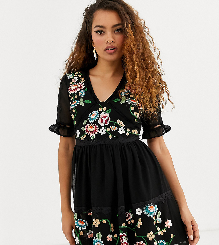 ASOS DESIGN Petite embroidered mini dress with lace trims in black