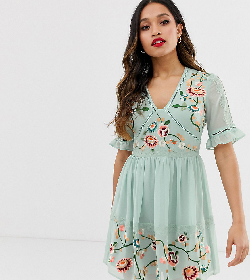 ASOS DESIGN Petite embroidered mini dress with lace trims in sage green