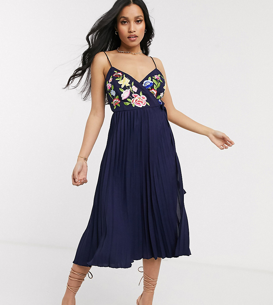 ASOS DESIGN Petite embroidered pleated cami wrap midi dress in navy