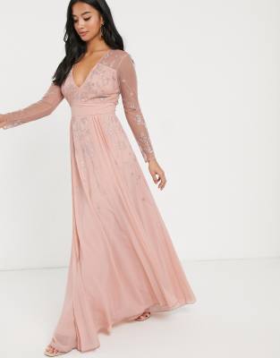 bridesmaid pink pleated mesh maxi dress