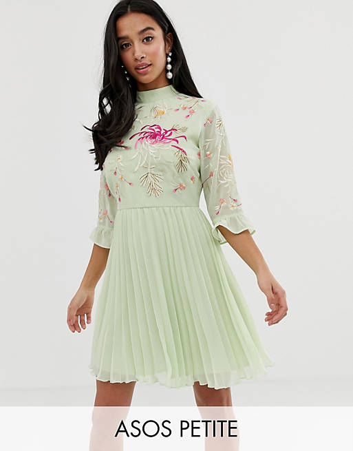 ASOS DESIGN Petite embroidered pleated mini dress with fluted sleeve | ASOS