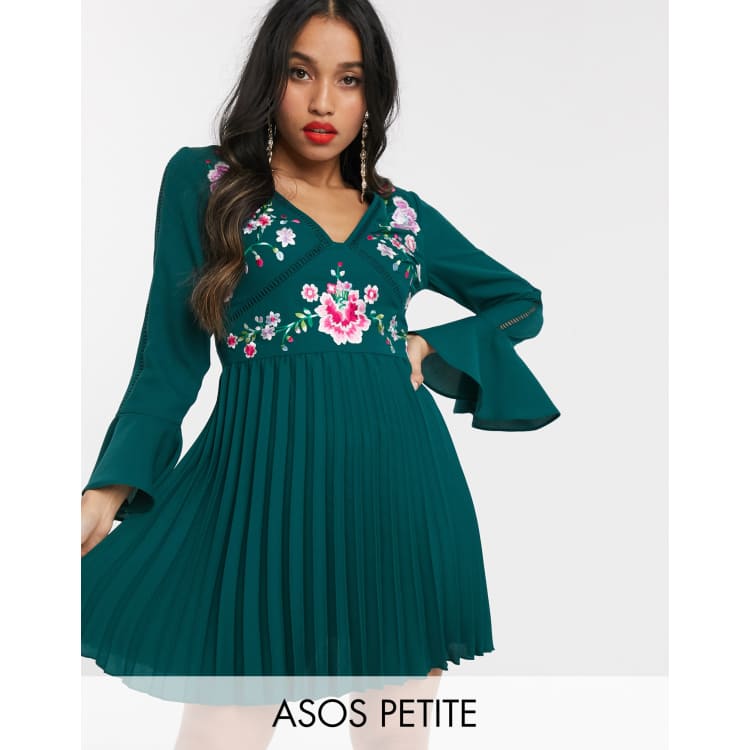 Asos design petite 2025 pleated embroidered mini dress