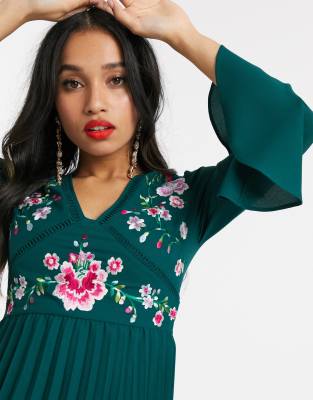 asos design petite pleated embroidered mini dress