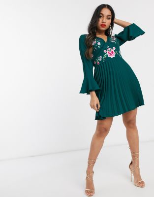 asos design petite pleated embroidered mini dress