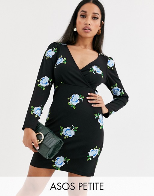 ASOS DESIGN Petite embroidered scuba mini wrap dress in black with floral print
