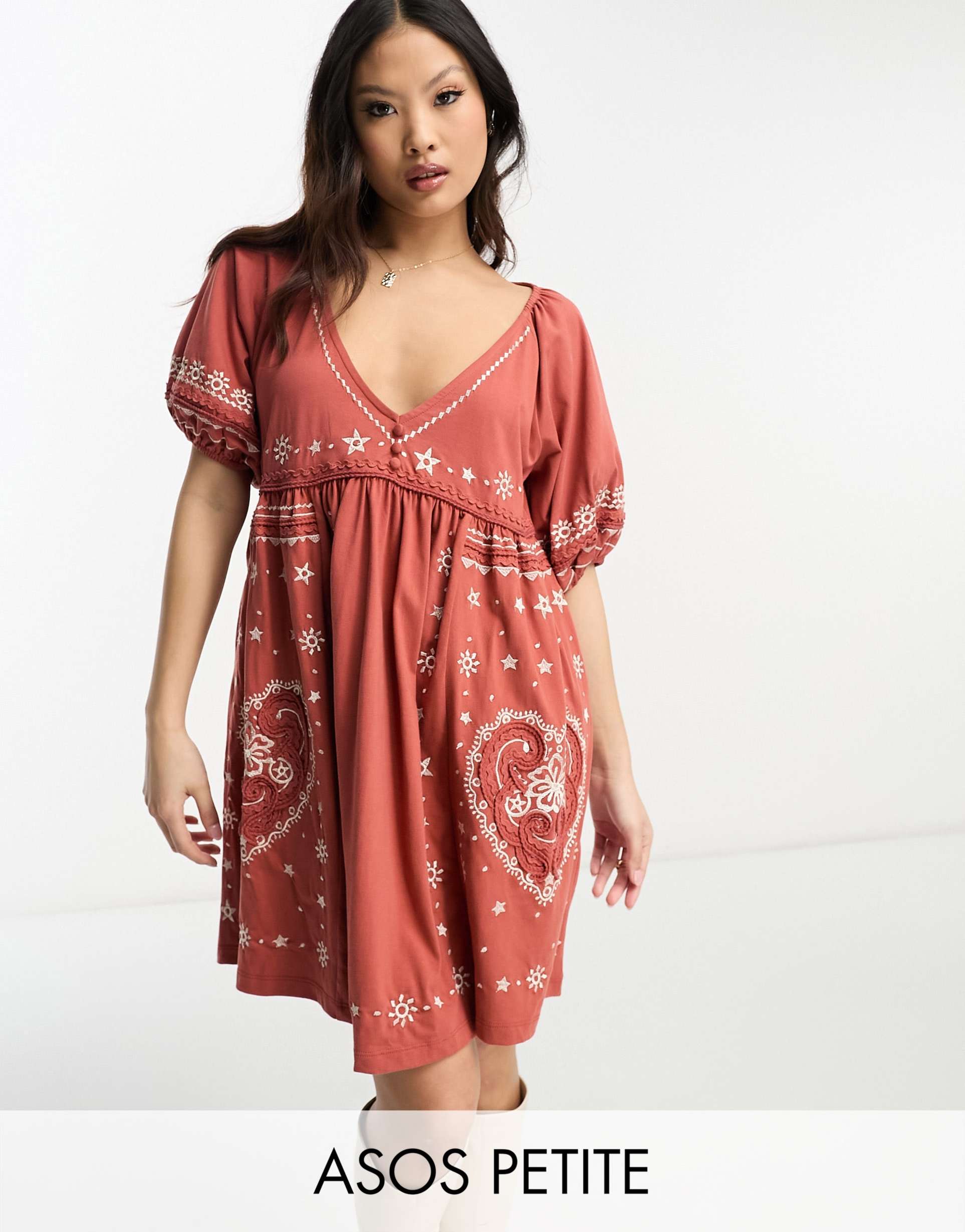 asos design petite embroidered short sleeve v neck smock dress in rust & cream