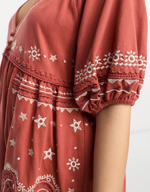 Women Rust Embroidered V-Neck Dress