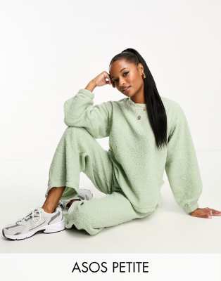 ASOS DESIGN Petite lounge borg sweat & wide leg trouser in sage  - ASOS Price Checker