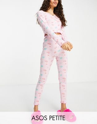 Pyjamas DESIGN Petite - Ensemble de pyjama en maille pointelle à imprimé fleuri avec top manches longues et legging à ourlets volantés -