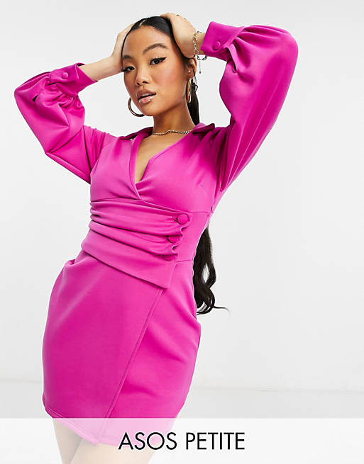  Petite exagerated puff sleeve tux mini dress in hot pink 