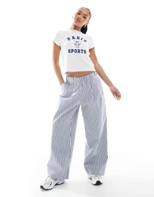 ASOS DESIGN Petite exaggerated pull on wide leg pants in blue stripe-Multi