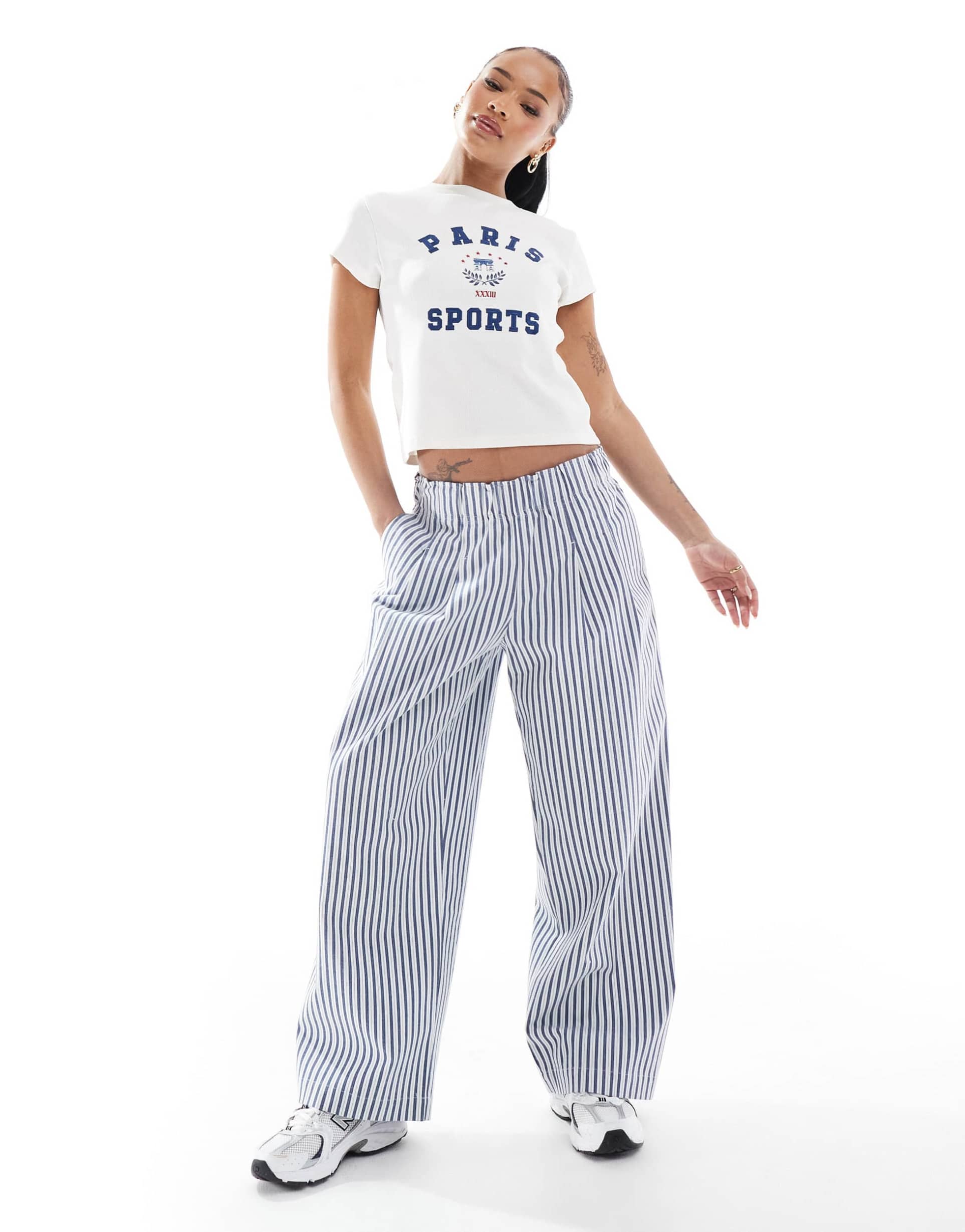 asos design petite exaggerated pull on wide leg pants in blue stripes