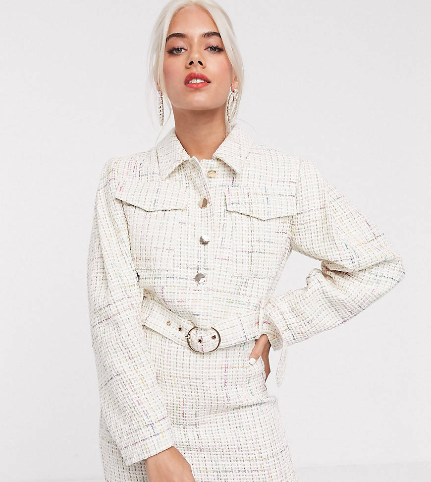 ASOS DESIGN Petite exaggerated sleeve boucle suit blazer with pocket detail-White