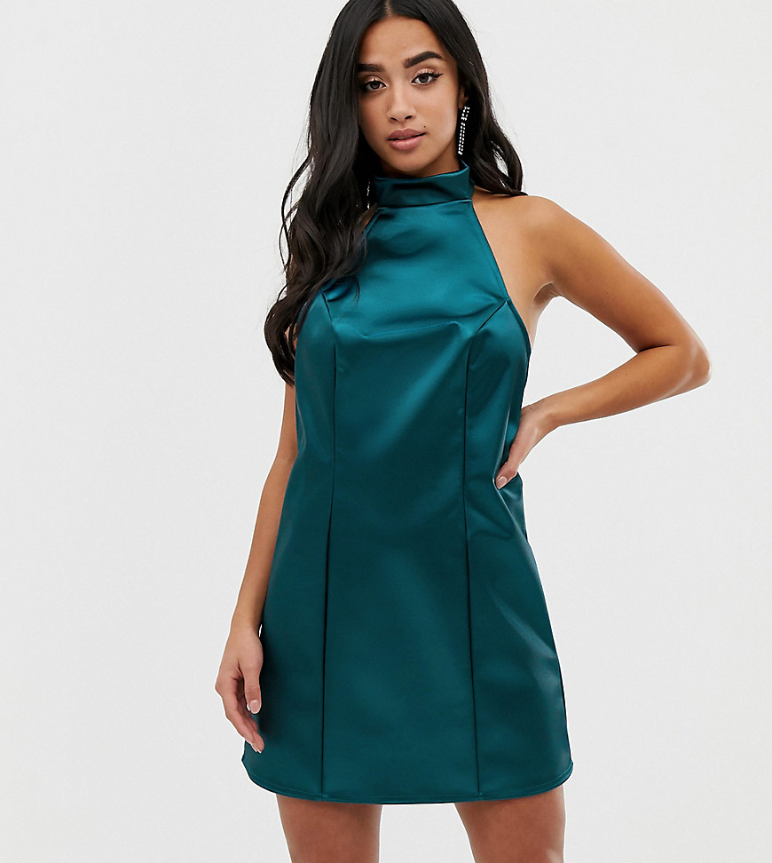ASOS DESIGN Petite - Exclusieve gebonden mini-jurk van satijn-Blauw