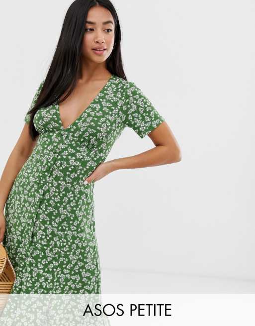 ASOS DESIGN Petite - Exclusieve lange jurk met knoop, splitten en fijne print
