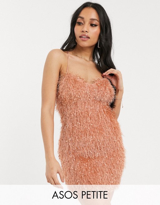 ASOS DESIGN Petite exclusive faux feather cami mini dress in pink
