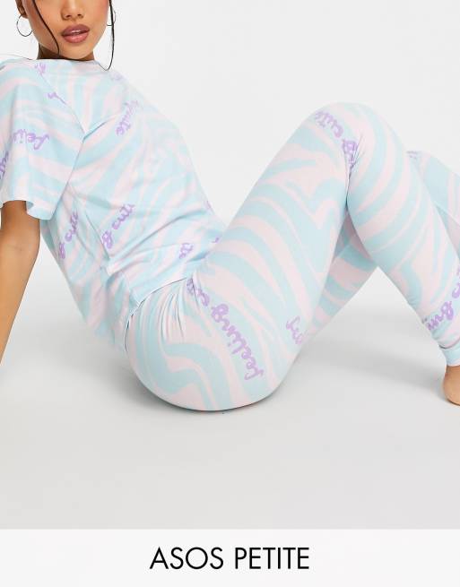 ASOS DESIGN Petite Exclusive feeling cute zebra oversized tee leggings pyjama set in blue pink