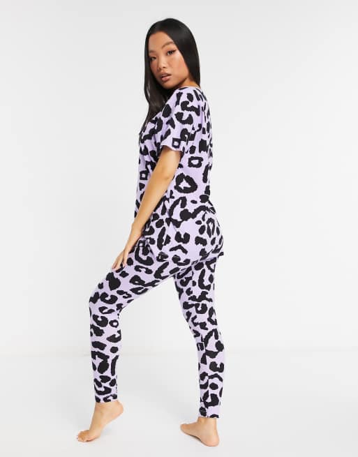 ASOS DESIGN Petite exclusive leopard oversized tee and legging pajama set in purple