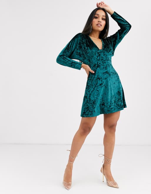 ASOS DESIGN Petite Exclusive long sleeve plunge velvet mini dress | ASOS