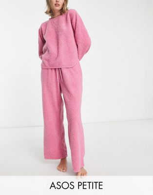 ASOS DESIGN Petite cosy lounge borg sweat & trouser set in pink