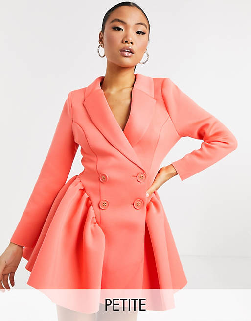ASOS DESIGN Petite exclusive mini tux dress with ruched side pep in bright coral