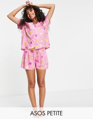 ASOS DESIGN Petite exclusive modal breakfast shirt & short pyjama set in pink