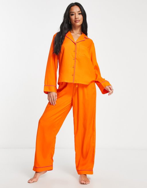 ASOS DESIGN Petite exclusive modal shirt pants pajama set with contrast piping in orange