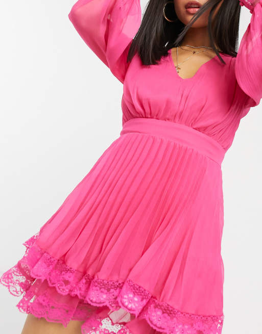 hot pink petite dress Hot Pink Petite Pleated Satin Batwing Mini Dress