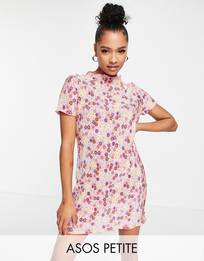 ASOS DESIGN Petite Exclusive plisse mini t-shirt dress in pink ditsy floral-Multi