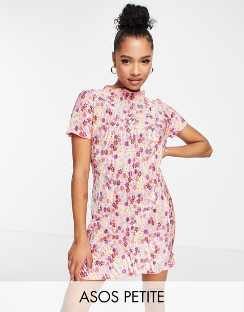 ASOS DESIGN Petite Exclusive plisse mini t-shirt dress in pink ditsy floral 