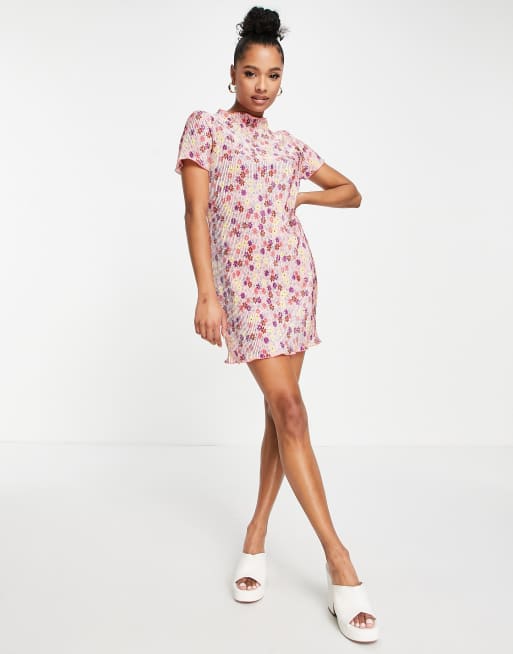 ASOS DESIGN Petite Exclusive plisse mini t shirt dress in pink ditsy floral