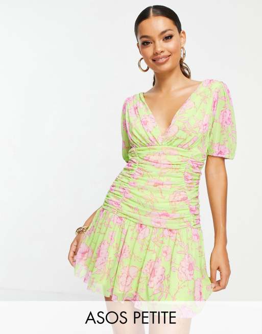 ASOS DESIGN Petite exclusive plunge puff sleeve ruched pep hem mini