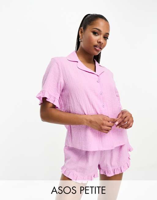 ASOS DESIGN Petite exclusive seersucker shirt & shorts pyjama set in purple