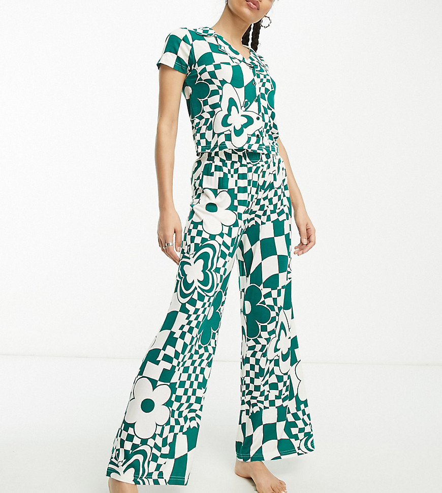 ASOS DESIGN Petite exclusive viscose floral checkerboard shirt & trouser pyjama set in green