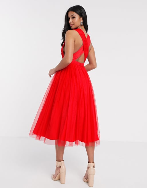 ASOS DESIGN Petite Exclusivit Robe mi longue en tulle d collet plongeant avec bretelles crois es Rouge