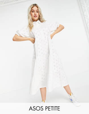 ASOS DESIGN Petite eyelet midi tiered shirt dress with short sleeves in white