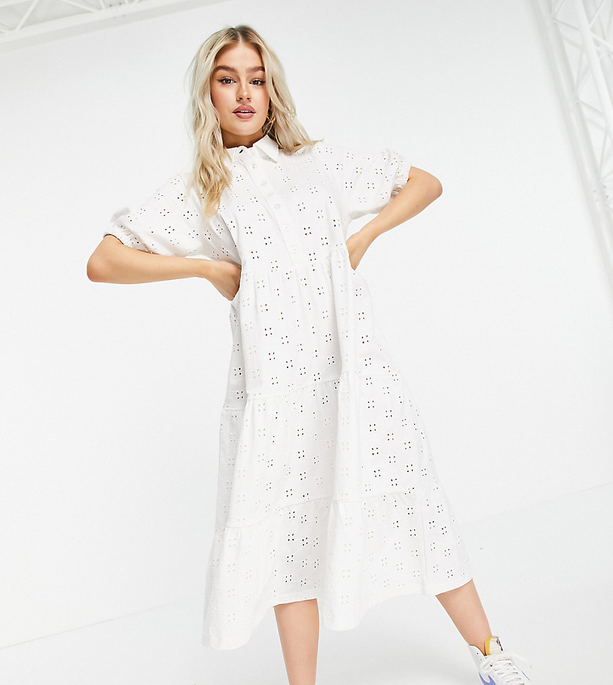ASOS DESIGN Petite eyelet midi tiered shirt dress with short sleeves in white