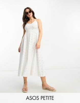 Asos Petite Asos Design Petite Eyelet Strappy Back Detail Midi Dress With Seam Detail In White