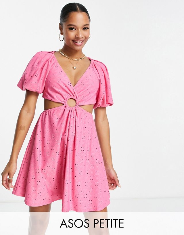 ASOS DESIGN Petite eyelet volume sleeve mini cut out dress in pink
