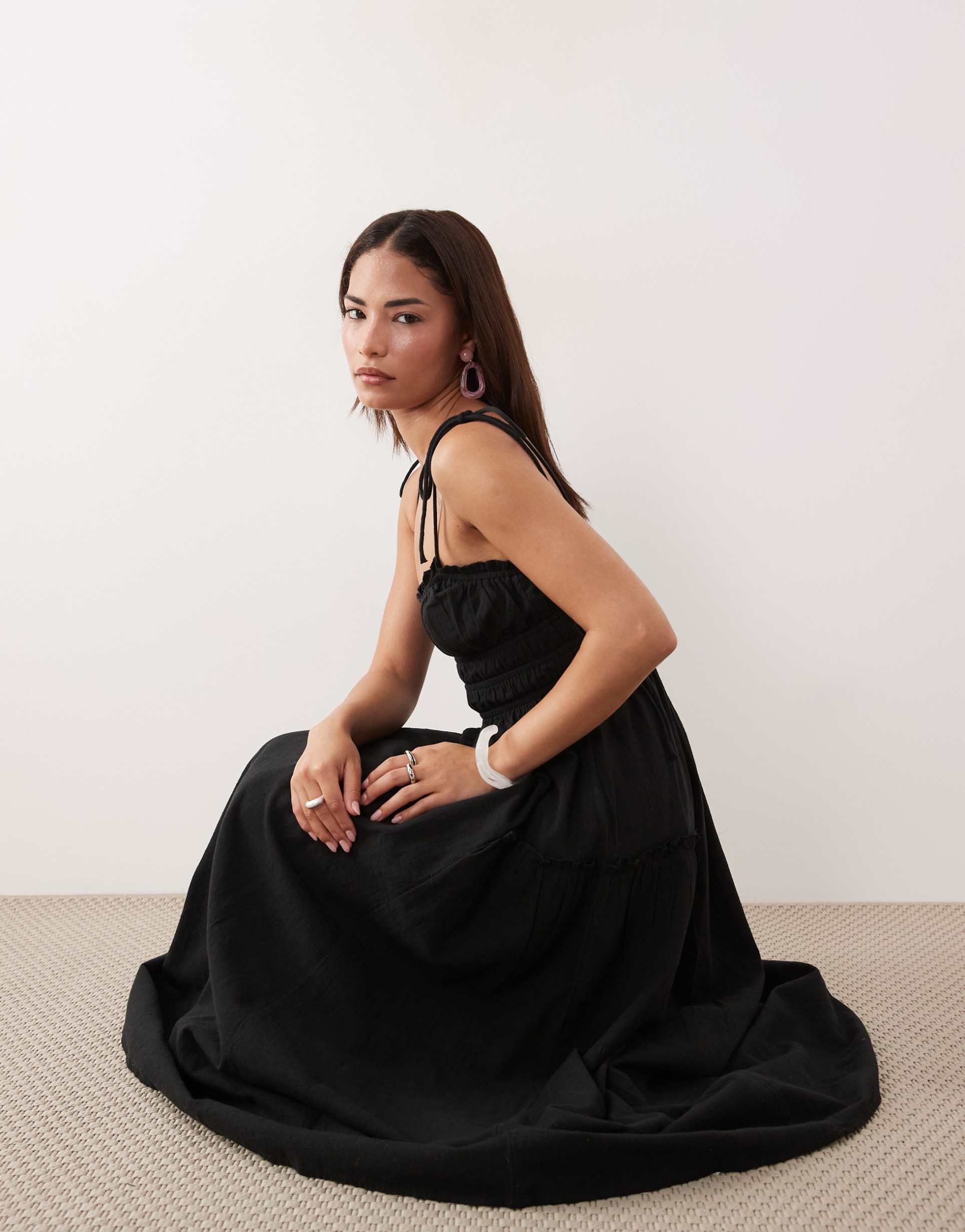 asos design petite faith beach shirred maxi dress in black