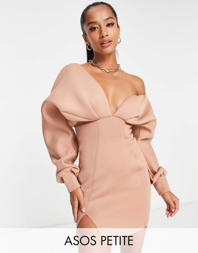 ASOS DESIGN Petite fallen shoulder blouson mini dress in cork