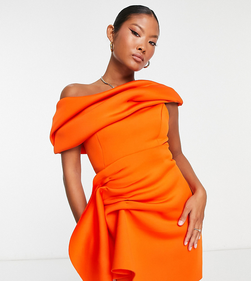 Asos Petite Asos Design Petite Fallen Shoulder Manipulated Tuck Mini Dress In Orange