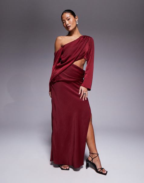 ASOS DESIGN Petite fallen shoulder maxi dress with cutout waist in burgundy - view 1