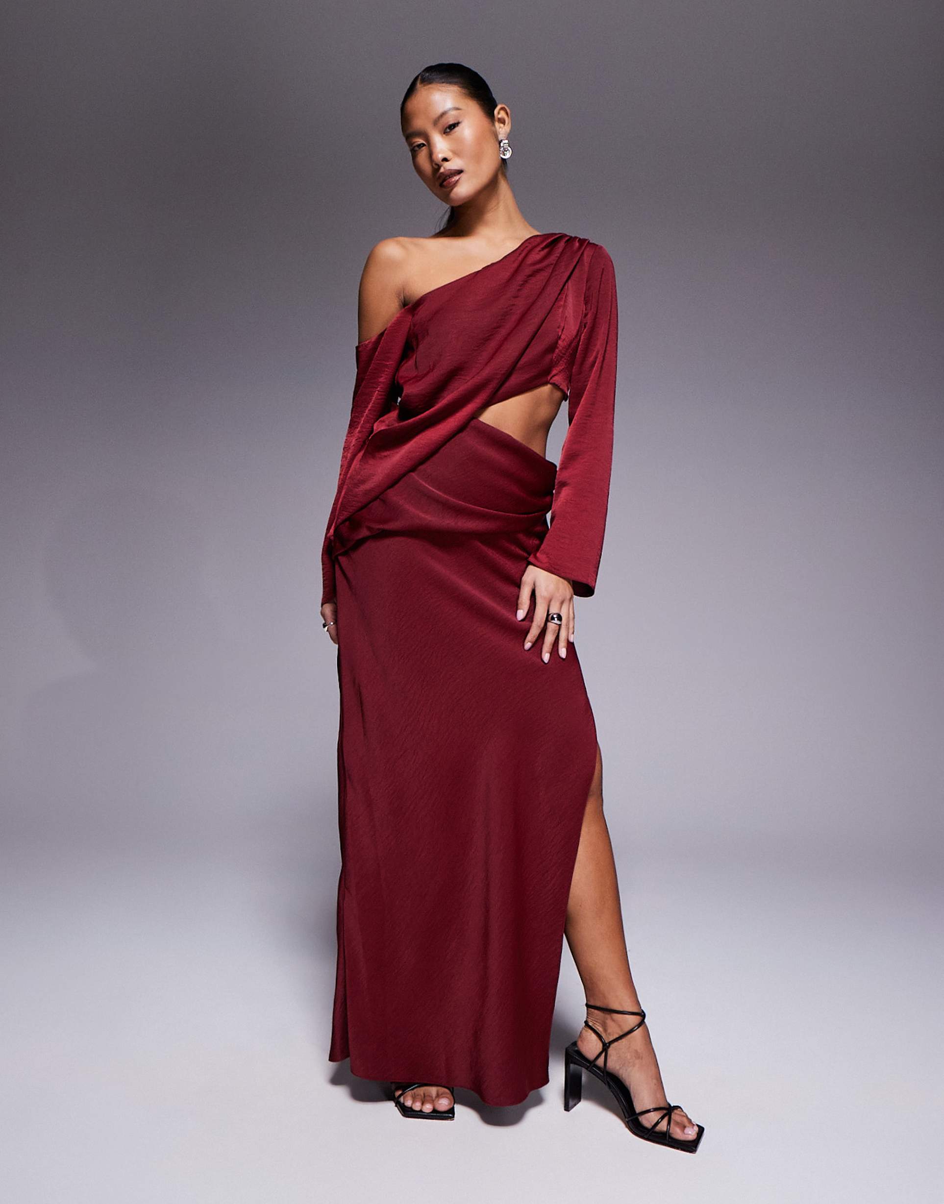 asos design petite fallen shoulder maxi dress with cutout waist in burgundy
