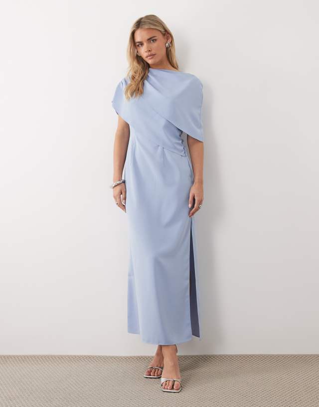 ASOS DESIGN Petite fallen shoulder midi dress in light blue