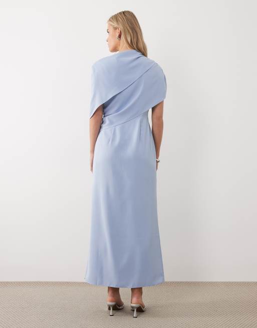 ASOS DESIGN Petite fallen shoulder midi dress in light blue, 2 of 4