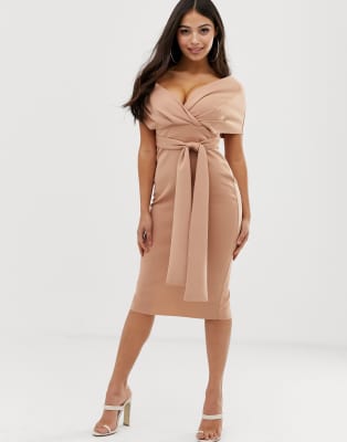 fallen shoulder midi pencil dress with tie detail